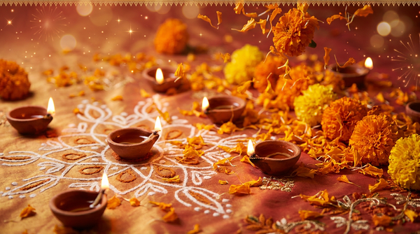 Festive Collection 2026 - golden diyas and marigold petals banner