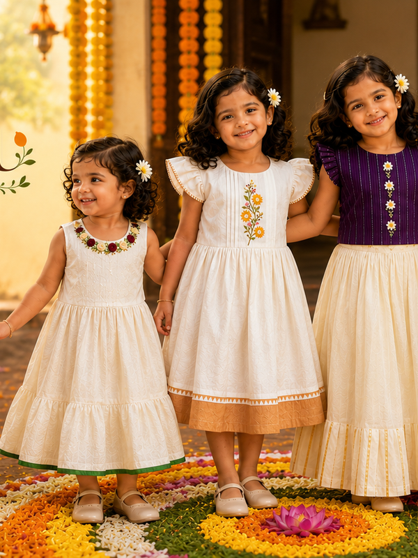 Onam 2026 collection banner featuring four girls in traditional festive kids ethnic wear