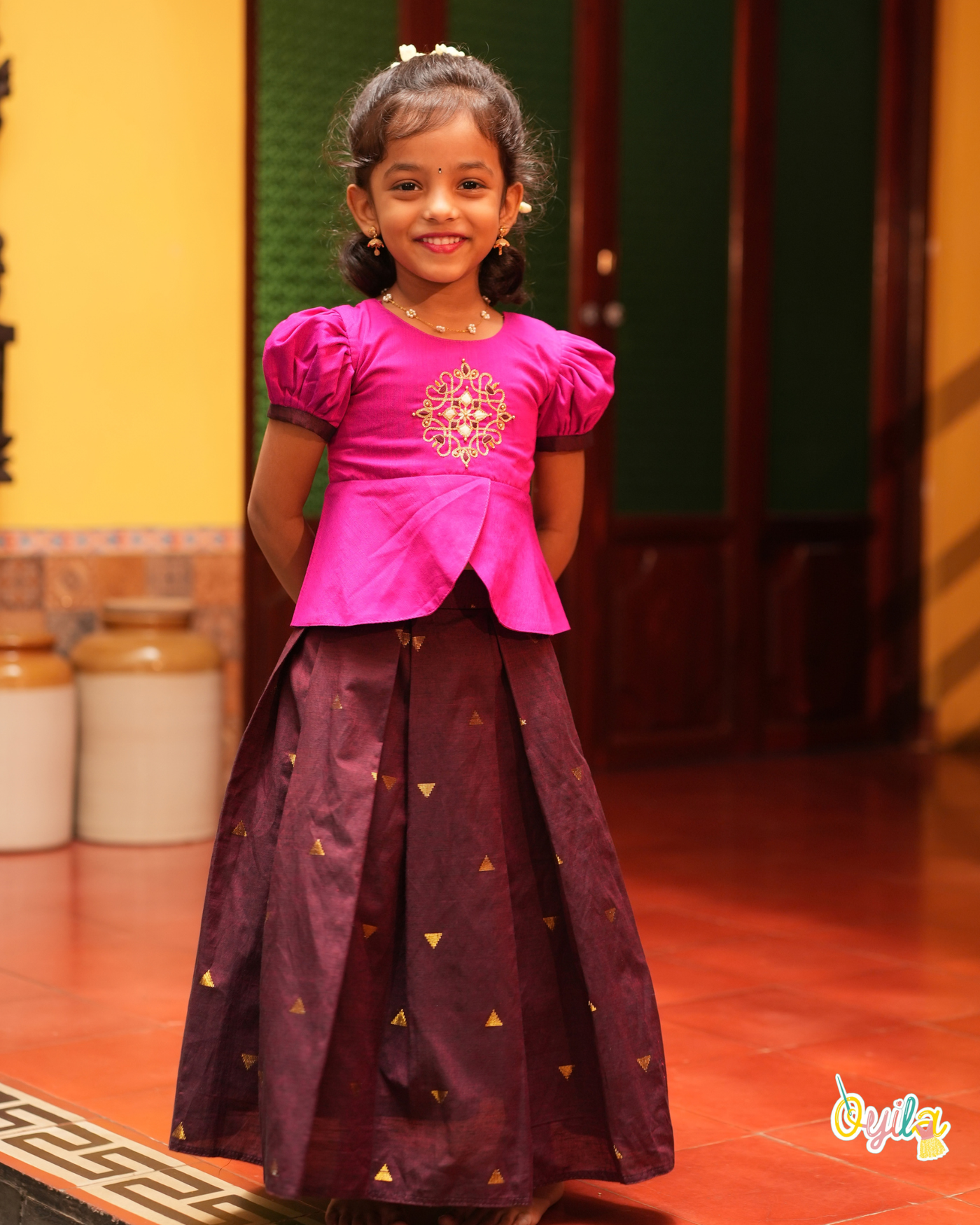 Kambi Kolam - Hand Embroidered Peplum Pavadai Sattai Set