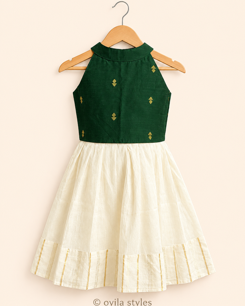 Kids Onam lehenga for girls - Thennai green ivory gold silk set