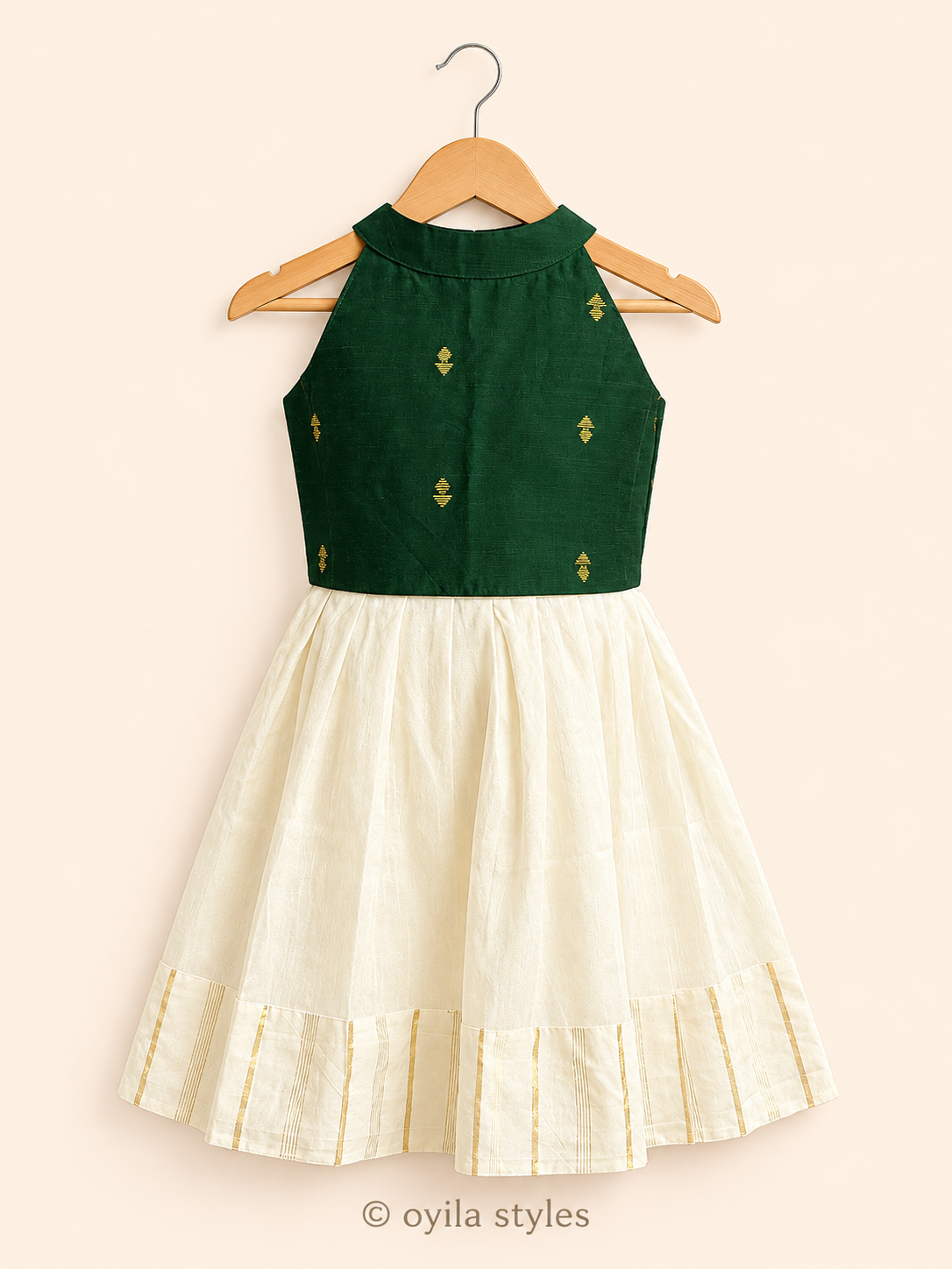Kids Onam lehenga for girls - Thennai green ivory gold silk set