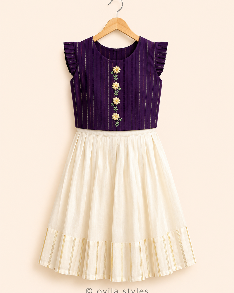 Kids Onam lehenga for girls - Mullai purple floral embroidered set