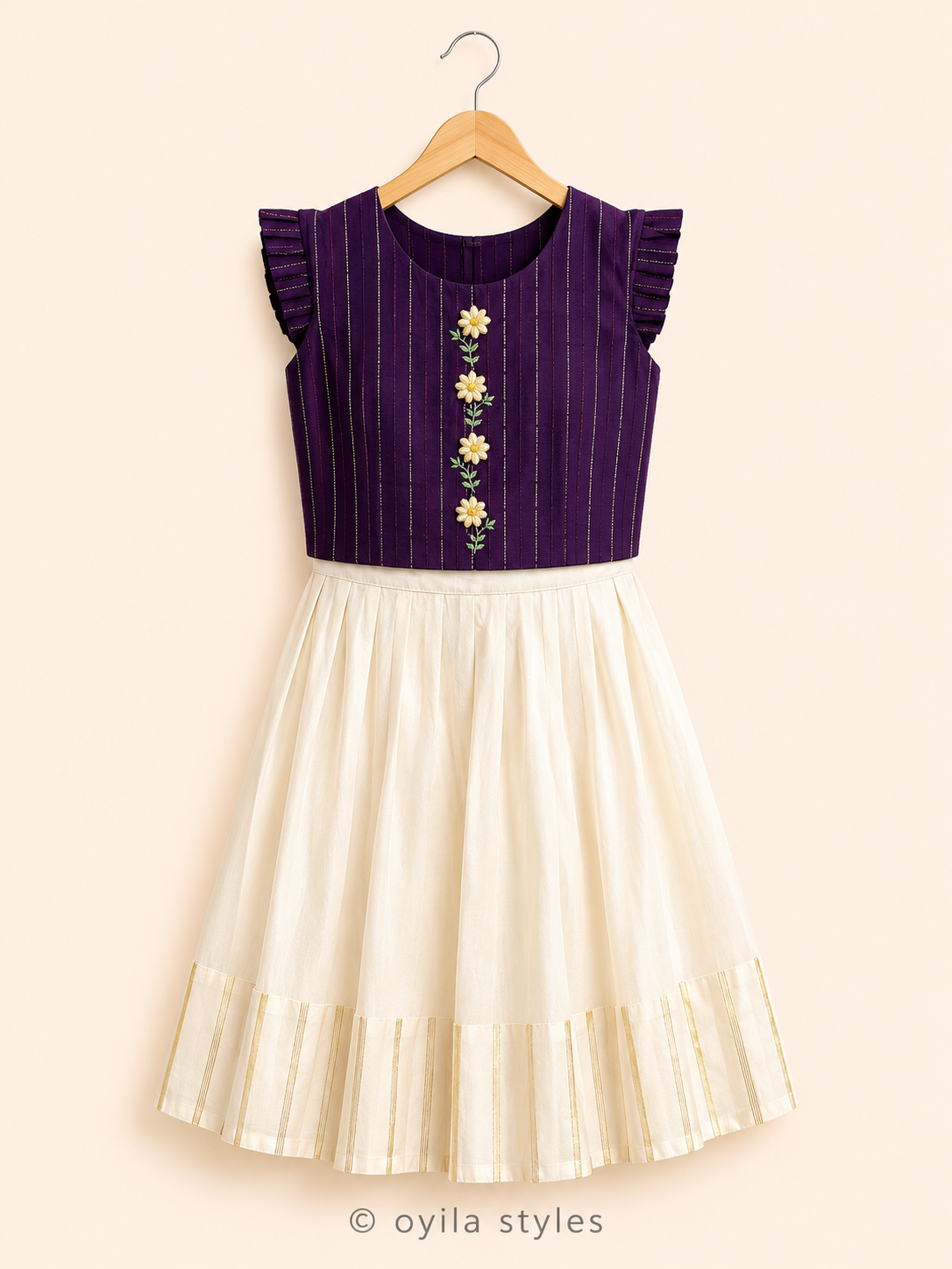 Kids Onam lehenga for girls - Mullai purple floral embroidered set