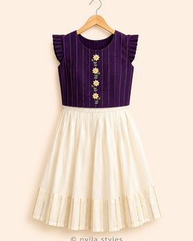 Kids Onam lehenga for girls - Mullai purple floral embroidered set