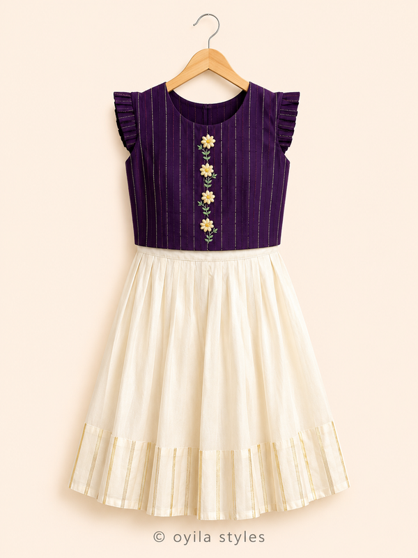 Kids Onam Lehenga - Mullai Purple Floral Embroidered Set