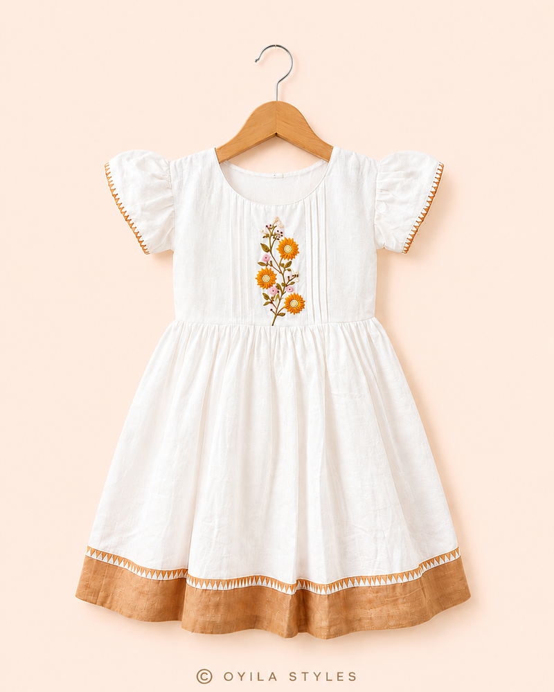 Kids Onam frock for girls - Pookolam floral embroidered cotton linen dress