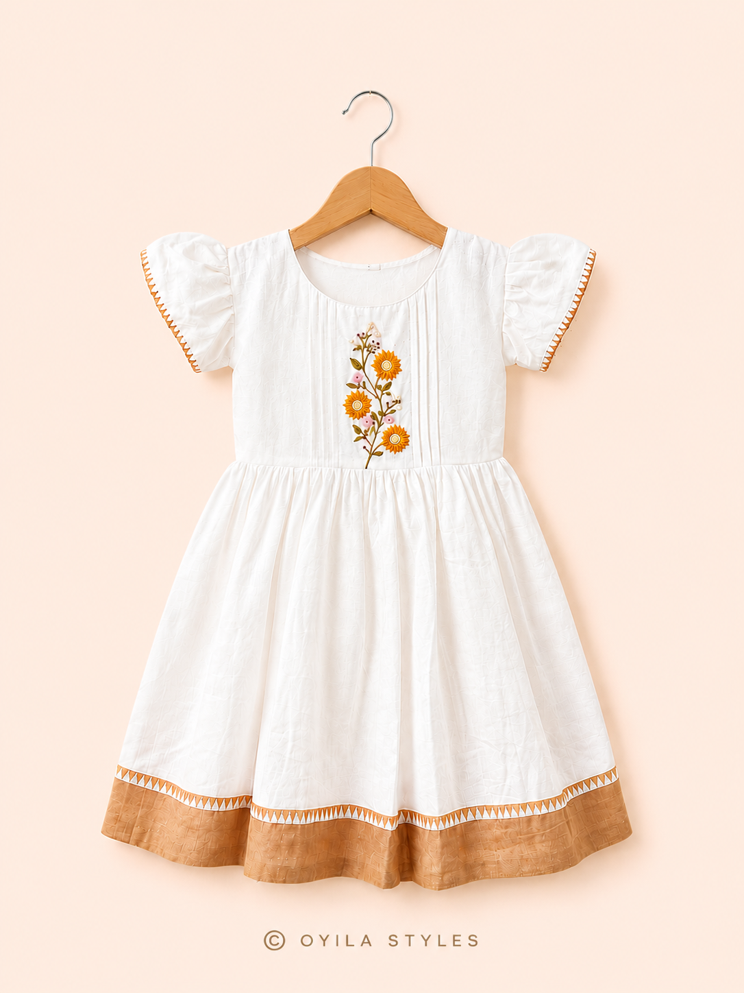 Kids Onam frock for girls - Pookolam floral embroidered cotton linen dress