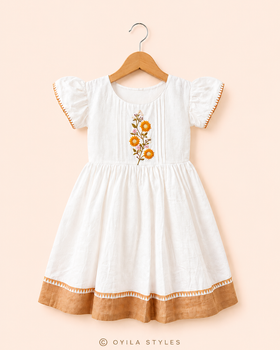 Kids Onam frock for girls - Pookolam floral embroidered cotton linen dress