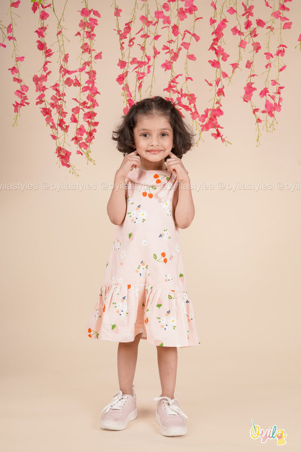 Cherry Bloom – Pastel Pink Cotton Dress with Fruity Floral Print