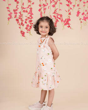 Cherry Bloom – Pastel Pink Cotton Dress with Fruity Floral Print