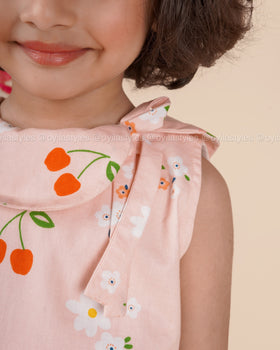 Cherry Bloom – Pastel Pink Cotton Dress with Fruity Floral Print