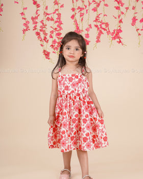 Ruby Bloom – Red Floral Cotton Midi Dress for Girls