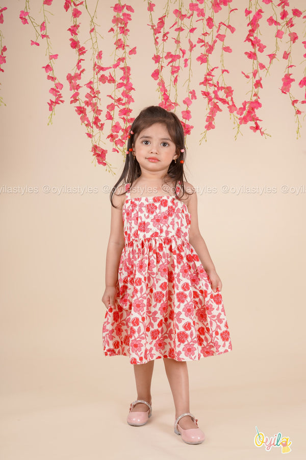 Ruby Bloom – Red Floral Cotton Midi Dress for Girls