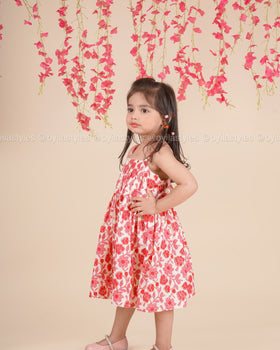 Ruby Bloom – Red Floral Cotton Midi Dress for Girls
