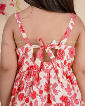 Ruby Bloom – Red Floral Cotton Midi Dress for Girls