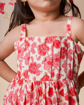 Ruby Bloom – Red Floral Cotton Midi Dress for Girls