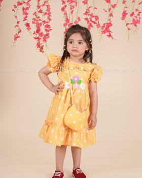 Sunny Petals – Yellow Polka Dot Dress with Crochet Flowers & Bag