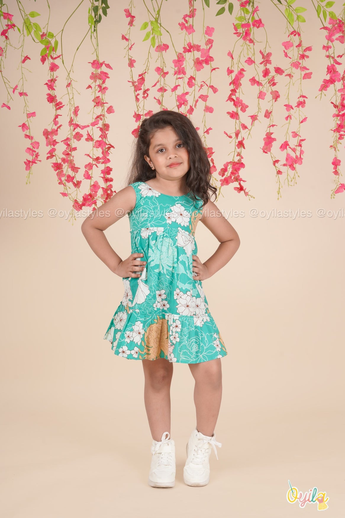 Teal Garden Twirl – Sleeveless Floral Cotton Dress for Girls