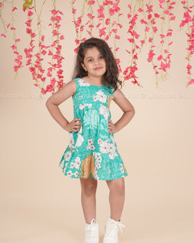 Teal Garden Twirl – Sleeveless Floral Cotton Dress for Girls