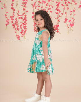 Teal Garden Twirl – Sleeveless Floral Cotton Dress for Girls