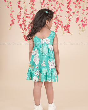 Teal Garden Twirl – Sleeveless Floral Cotton Dress for Girls