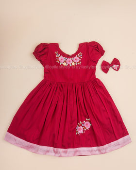 Rosy Elegance - Hand Embroidered Pink Silk Frock