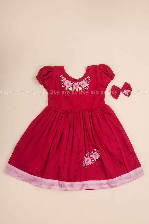 Rosy Elegance - Hand Embroidered Pink Silk Frock