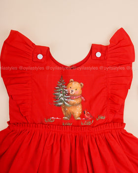 Bear-y Merry - Hand Painted Red Frock