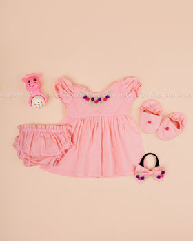 Kani – Peach Baby Dress Set with Floral Embroidery