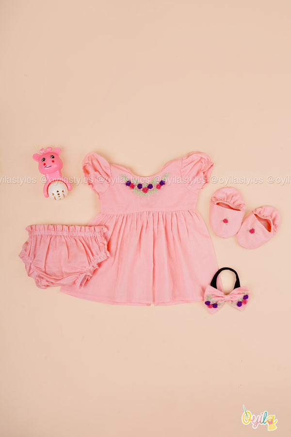 Kani – Peach Baby Dress Set with Floral Embroidery