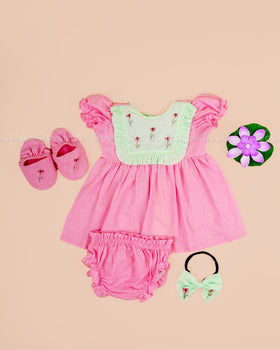 Malar – Pink Dress Set with butterflies Embroidered Mint Yoke