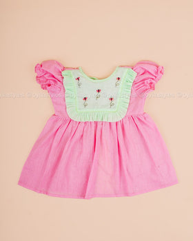 Malar – Pink Dress Set with butterflies Embroidered Mint Yoke
