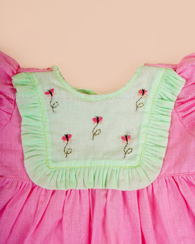 Malar – Pink Dress Set with butterflies Embroidered Mint Yoke