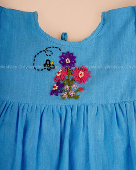 Poovai – Sky Blue Baby Dress Set with Bee & Floral Embroidery