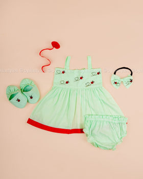 Vaigai – Mint Green Dress Set with Ladybug Embroidery